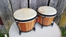 Paire De Bongo Percussion Tam Tam Bois & Peau Vintage #A684