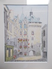 très belle aquarelle Loches hotel de ville tour Picois par Rondolotto Fils