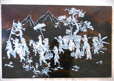 Tableau en laque avec marqueterie de nacre  milieu XXème. 40 x 60 cm. Superbe!
