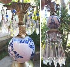 Vintage Blue beaded Porcelain tole Brass crystal lamp pendant ceiling w/ canopy