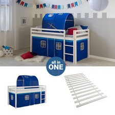 Cadre Lit superposé 90x200 enfant mezzanine Lattes Bois Tunnel Bleu Homestyle4u