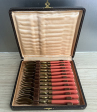 Coffret 12 Fourchettes Dessert Vermeil Ancien Bakélite Corail