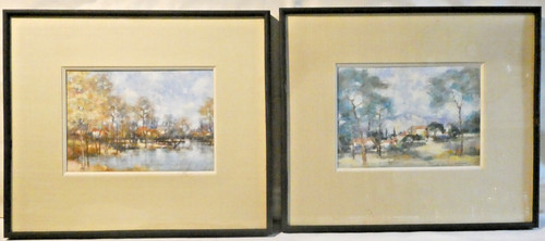 Paire aquarelles encadrées - paire, d'aquarelles