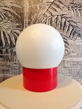 LAMPE BOULE VINTAGE 1970-GLOBE OPALINE-METAL ROUGE-DESIGN 70-Ø20 cm