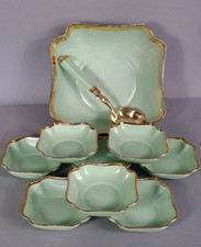 Ancien service à dessert / crème porcelaine vert d'eau & doré Limoges S593