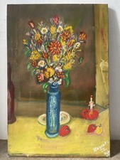 Tableau Peinture Bouquet De Fleurs, Vase Bleu, Huile Sur Toile Signé