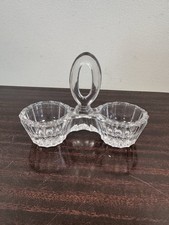 Double saleron ancien en verre pressé moulé avec anse 