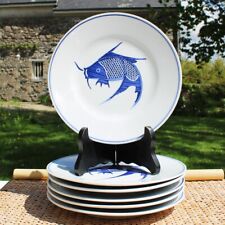 Set de 6 assiettes en porcelaine chinoise motif poisson carpe Koï bleu ø 20,5 cm