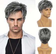 Perruque Homme Courte Wig Synthétique Grise Racine Foncé Dégradé Lisse