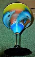 HANDPAINTED DOLPHINS LARGE MARGARITA COCKTAIL GLASS 5" WIDE 7" HT 3" BLUE BASE