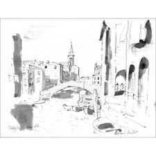 OUDOT Roland - Dessin original à l’aquarelle  "Paysage de Venise, Chioggia" 25x3