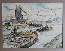 Paul Morchain (1876-1939) -Péniches devant un moulin 1918 - 1ère guerre mondiale