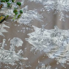 Toile de Jouy coton Histoire d'Eau fond Taupe - Thévenon [au demi-mètre]