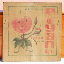 Ancien panneau en bois publicitaire pour les oranges Evyan d'Espagne #1