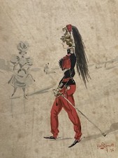 Très Belle Peinture Militaire Femme Uniforme 1896 A Identifier Sabre Dessin Art