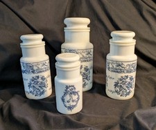 4 Bocaux en Verre d'opale opaline Blanc, décor Floral Bleu, Vintage 