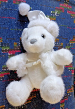 SOR/ PELUCHE VINTAGE DAKIN OURS BLANC VESTE SATIN BONNET POMPON  1992 22 CM KOM9