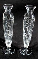 SUPERBE ÉLÉGANT PAIRE GRAND VASE BALUSTRE ÉLANCÉ VERRE SOUFFLÉ TAILLÉ, 36cm TTBE