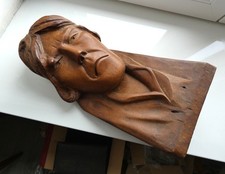 Ancienne Buste Tête Homme Bois sculpté sculpture main. H: 38cm, poids: 2,8 Kg.