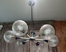 Suspension lustre 6 bras en metal laqué blanc et chrome vintage design sputnik