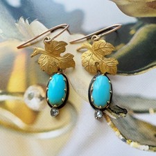 Antique 18K gold turquoise diamond maple leafs earrings