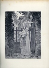 Lithographie : A LA PORTE DE LA VILLA. Lucien Doucet, 1888 