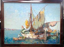 TABLEAU HUILE SUR PANNEAU - FERNAND VAN DEN BUSSCHE - TARTANES À SAINT TROPEZ