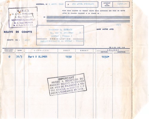 Facture 1949 kinax a - ,