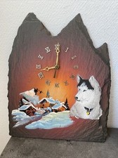 Horloge Murale Ardoise Décoré Village Chien Neige Montagne Deco Chalet Quartz