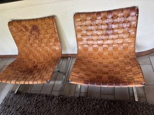 Ross Littell Paire de fauteuils PLR1 acier et cuir tressé 1968