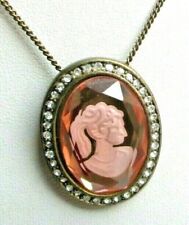 Rare chaîne pendentif couleur bronze camée rose buste féminin bijou vintage 5159