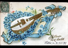 INSTRUMENT de MUSIQUE / MANDOLINE en FLEURS MIOSOTIS Gaufrée avant 1904