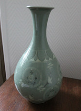 Vintage vase asiatique en porcelaine céladon décor de grues et nuages TBE