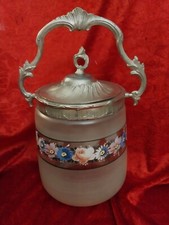 SEAU POT A BISCUIT en VERRE EMAILLE PEINT Décor Floral, Monture en Régule