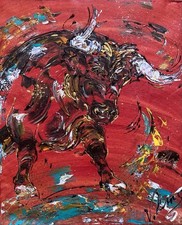 LINARD PEINTURE Tableau Toile Taureau Corrida Tauromachie 46x38cm