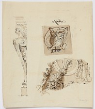 DESSIN XVIIIème FEUILLE D'ETUDE 3 fragments architecture cariatide métope parure