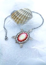 Collier FEMME Pendentif TORTUE Stylé. Washi Art JAPON -FLEUR Rosace rouge SMILEY