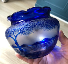 Beau Vase Verre Cristal dégagé Acide décor Paysage Bleu Val Saint Lambert ?