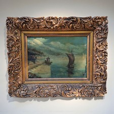 Tableau ancien XIXe – huile sur bois signée, paysage campagne, cadre doré décora