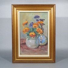 Vintage French Oil Painting, Bouquet Flowers, Candlestick, Della Robbia, Signed