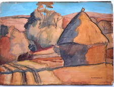 AQUARELLE gouachée/papier "paysage à la meule"  par Maurice BLANCHARD années 40