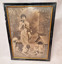Tableau Ancien Scène Animalière - Femme Chiot Enfant - Décoration Murale Vintage