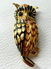 Grande BROCHE HIBOU chouette émail doré état NEUF 6,1cm Superbe !