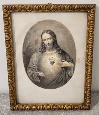 Cadre Religieux  Jésus Christ Ancien En Bois Image Sous Verre Attache Mural