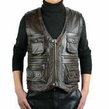 Hommes Cuir Véritable Gilet Hunter Pêche Débardeur sans Manche Veste Gilet