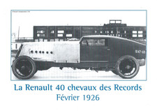 FICHE TECHNIQUE PUBLICITAIRE / RENAULT 40CV DES RECORDS Février 1926