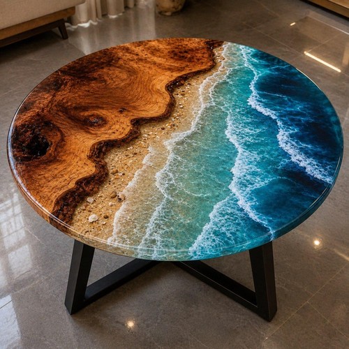 Round ocean beach - 12"round, epoxy