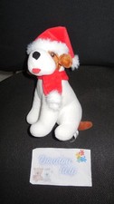 doudou peluche chien blanc marron chapeau écharpe Noël rouge CREDIT MUTUEL