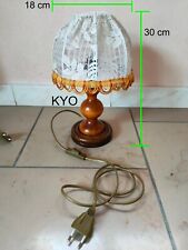 Lampe chevet-nuit bois à poser, abat-jour dôme rond blanc tissu vintage dentelle