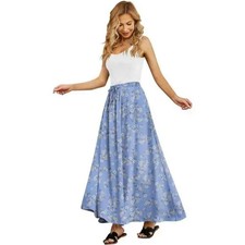 Women's Flowy Maxi Skirt Pleated High Waisted Floral Blue